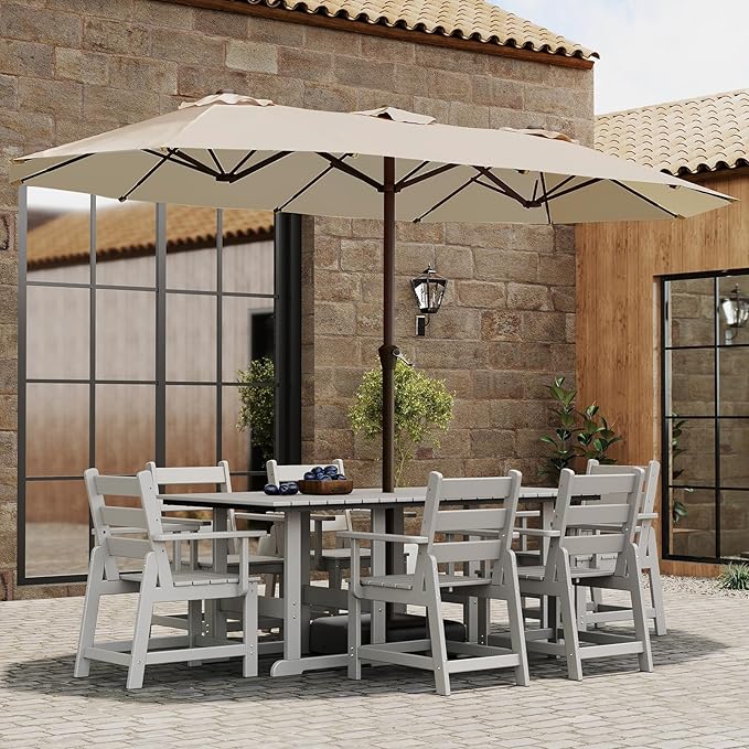 BRIOPAWS 15-FT-Large-Patio-Umbrella-with-Base | Double-Sided | Outdoor Table Umbrellas | w/Crank Handle | 12 Sturdy Fiberglass Rib | UV-Protection | for Garden Deck Backyard Pool | Tan