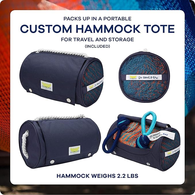 Handwoven Classic Double Hammock and Tree Strap Bundle: Shareable, Weathersafe Hammocks, Yellow Leaf Hammocks - “St. Lucia” Hammock, Fits 1-2 People (400 lbs) + Go Anywhere Hammock Straps - Extra Long