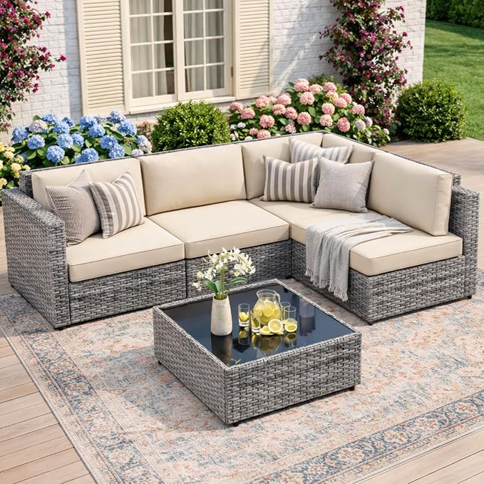 JAMFLY 5-Piece All-Season Wicker Patio Sofa Set with Thick Cushions & Coffee Table, Modular Indoor Outdoor Furniture for Poolside, Garden, Sunroom & Porch, Khaki