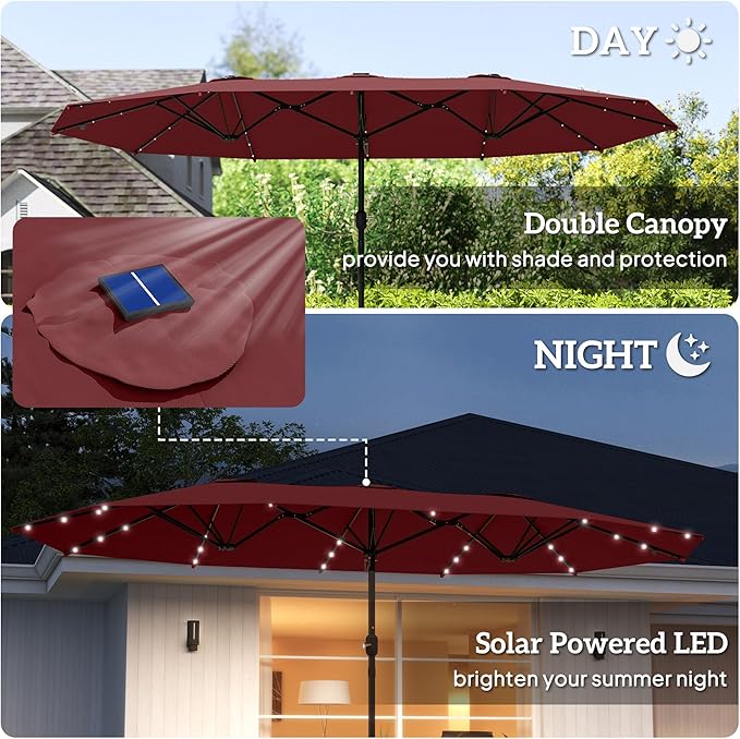 Outsunny 14.4ft Large Patio Umbrella with 36 Solar LED Lights, Double Sided Outdoor Umbrella with Base Included