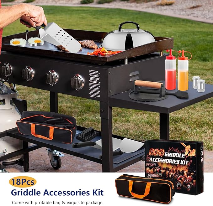 18Pcs Griddle Accessories Kit for Blackstone, Joyfair Flattop Grilling Accessory Set with Smash Burger Press, Stainless Steel Spatula Tools with Basting Cover for Outdoor BBQ Cooking (PP Handles)