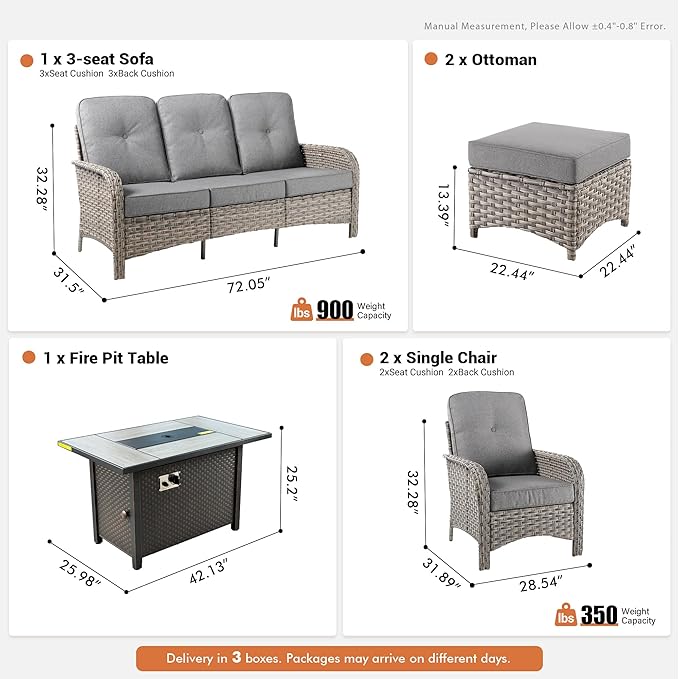 6-Piece Outdoor Patio Furniture Set with Fire Pit Table,All Weather Wicker Rattan Patio Seating Sofa and Chair Set with Ottomans,Outdoor Conversation Sets with 3 Seater Couch for Porch Deck Yard,Grey