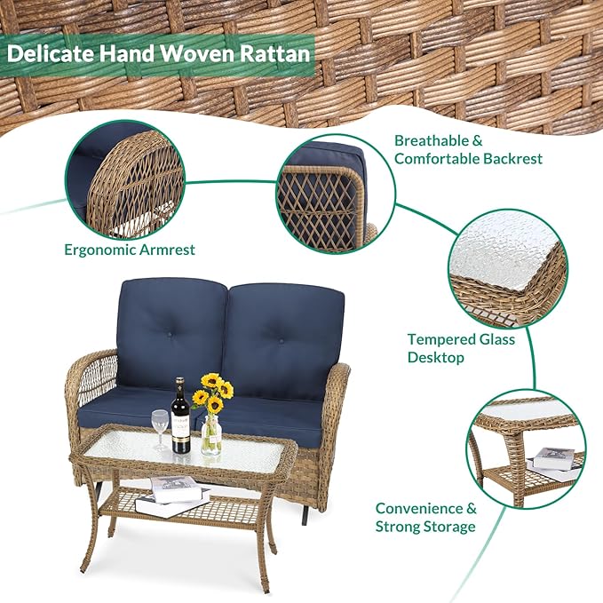 VIVIJASON 2-Piece Patio Wicker Loveseat Glider Set, Outdoor Conversation Furniture Set with 2-Seater Rattan Glider Rocking Bench and Glass-Top Coffee Table for Porch Garden Backyard, Navy Blue