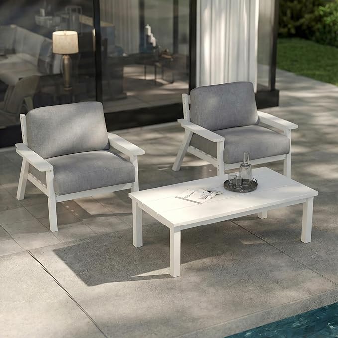 Patio Furniture Set with Washable Thick Gray Cushions, HDPE Outdoor Couch, All-Weather Outdoor Sectional Furniture, Patio Conversation Sets for Lawn, Garden, Porch (White Frame)