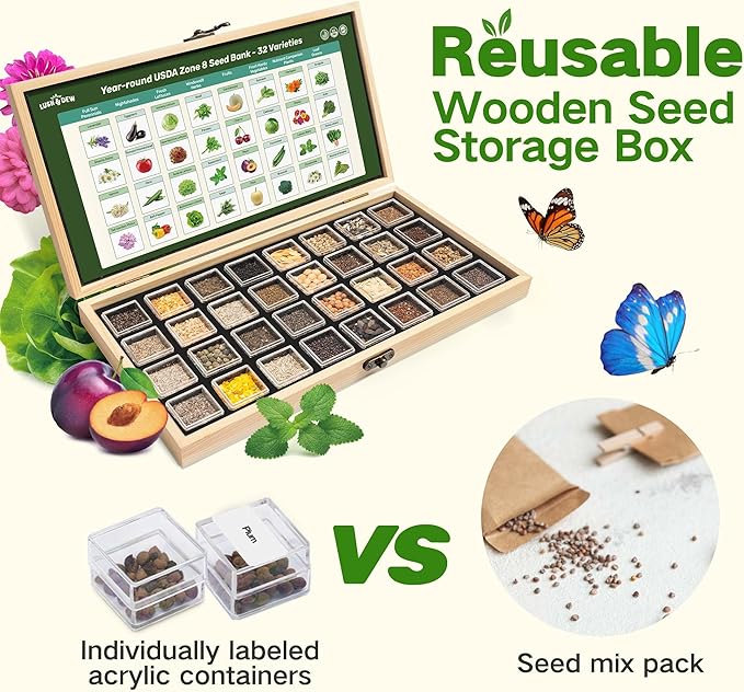 USDA Zone 8 Heirloom Seed Bank, 30,000+ Non-GMO 32 Varieties of Seeds for Planting Vegetables Herbs, Survival Seed Kit for Raised Garden Bed Greenhouse, Gardening Gifts for Mom Women Men