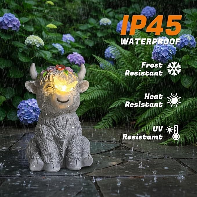 Solar Highland Cow Garden Statue with Glowing Butterfly, Outdoor Highland Cow Decorations for Patio Yard Lawn Ornaments, Gifts for Mom/Grandma Birthday Housewarming