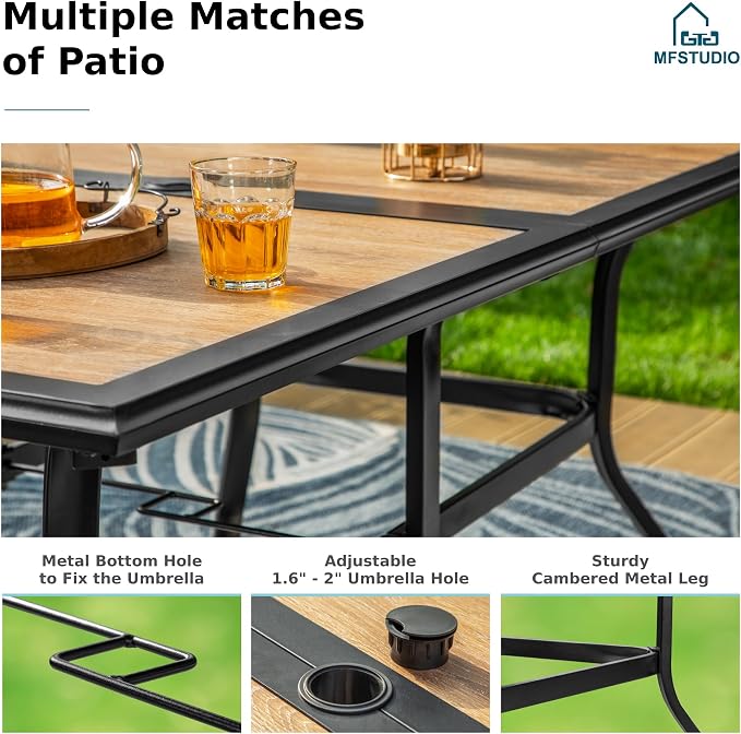 MFSTUDIO Patio Dining Set for 6, Metal Outdoor Table and Chairs Set, 7 Piece Wrought Iron Patio Furniture Dining Set for Deck Backyard Garden