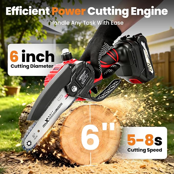 maXpeedingrods Mini Chainsaw Cordless, 6 inch Chainsaw Handheld Power Chain Saws with 2 Batteries, 3 x Durable Chains, Electric Chainsaw Lightweight Handheld Saw for Tree Trimming, Wood Cutting, Red
