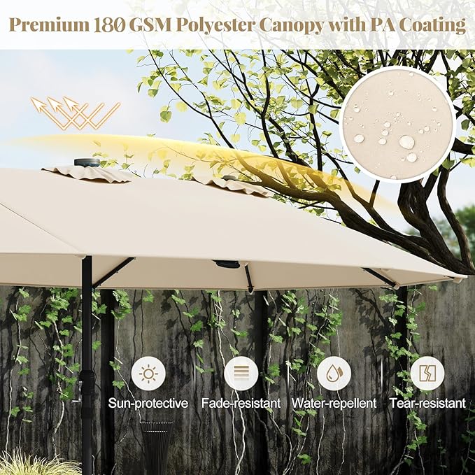 Tangkula 15FT Double-Sided Solar Patio Umbrella, Extra-Large Outdoor Twin Umbrella with 48 LED Lights, Vented Top, Crank Handle, 12 Ribs, Weighted Base Included for Backyard Poolside Deck (Beige)