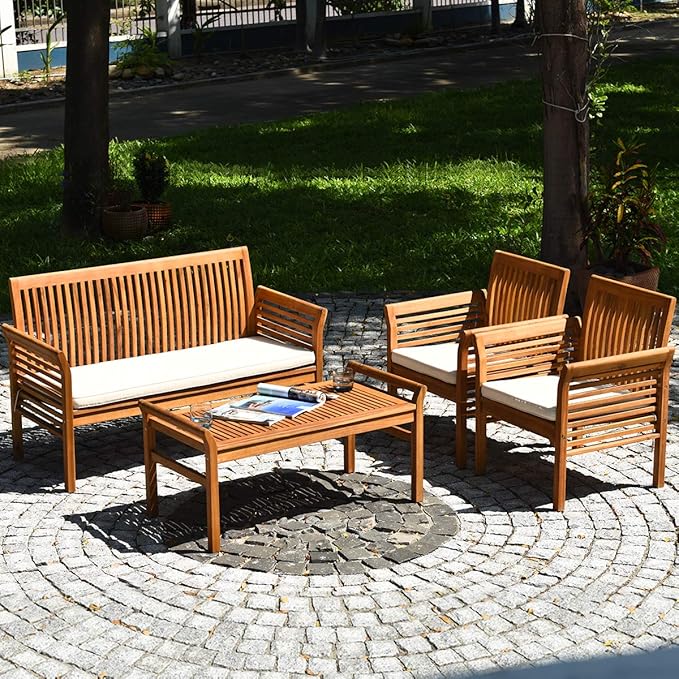 Tangkula 8 Piece Outdoor Acacia Wood Sofa Set w/Water Resistant Cushions, Padded Patio Conversation Table Chair Set w/Coffee Table for Garden, Backyard, Poolside (2)
