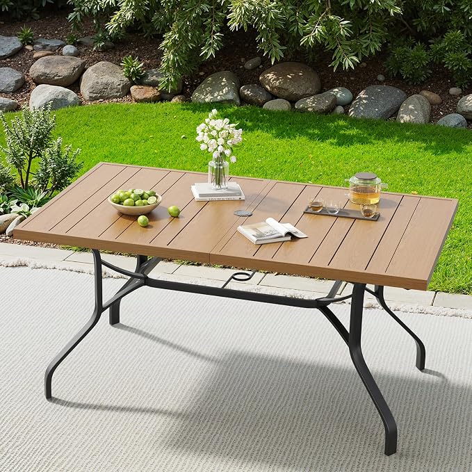 Soohow Outdoor Patio Table with 1.57" Umbrella Hole, 60"x35" Outdoor Dining Table Wood-Like Texture, All-Weather Metal Frame Patio Dining Tables for Poolside, Deck, Proch