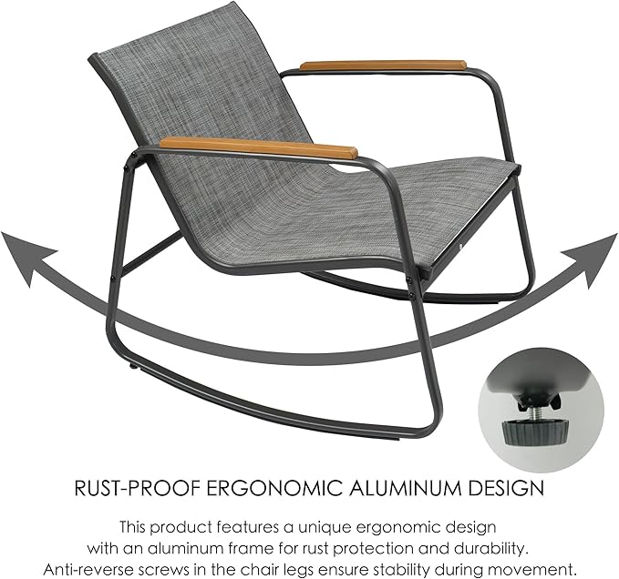 Kozyard 3 Piece Rocking Chair Set, Outdoor Rocking Textilene Bistro Set with Wooden Armrests, Outdoor Patio Furniture Set with Glass Table for Lawn, Porch, Yard, Garden, Balcony, Poolside Gray