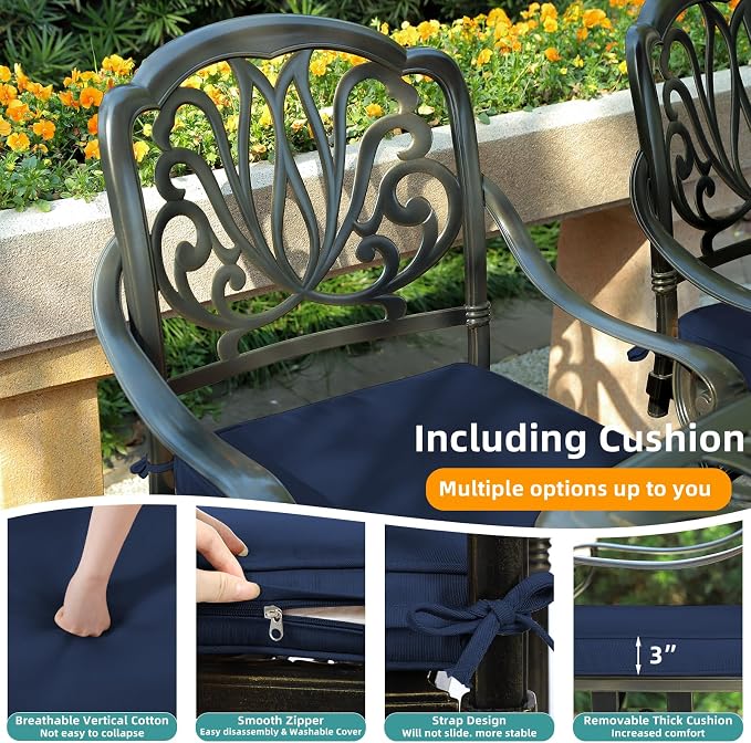 MEETWARM 7-Piece Outdoor Patio Dining Set, All-Weather Cast Aluminum Patio Conversation Set with 2 Swivel Rocker Chairs, 4 Stationary, 1 Rectangular Table, 6 Cushions, 2" Umbrella Hole, Navy Blue