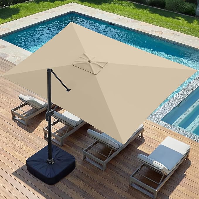 Olilawn 2 Pack 9' X 12' Patio Umbrella with Base Included, Large Outdoor Cantilever Offset Patio Umbrellas Rectangular Aluminum Umbrella with 360-degree Rotation & Infinite Tilt Adjustment for Poolside Luxury, Hosting, Backyard BBQ,Beige