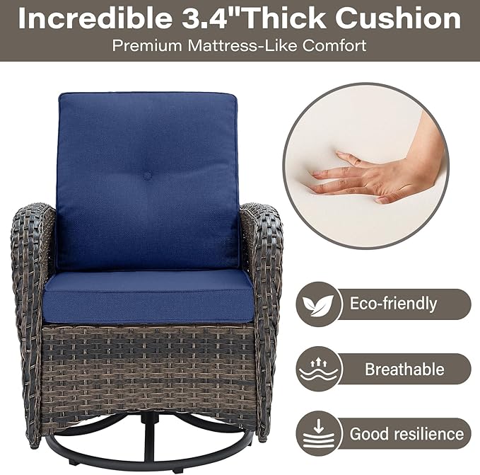 Belord Wicker Outdoor Furniture Set - 7 Piece Patio Conversation Sets with Comfort Swivel Rocker Glider Patio Chairs Set of 2 and Rattan Sofa,Tempered Glass Coffee Table and Side Table,Brown/Blue