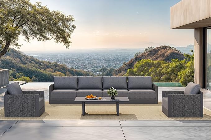 PURPLE LEAF Patio Furniture Set 7 Pieces Outdoor Conversation Sets PP Rope Patio Sofa with Cushions and Table Manual Weaving Deep Seating Furniture for Porch Lawn Backyard Gray