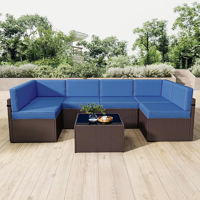 kinbor 7 Piece Outdoor Furniture Set - Waterproof Brown PE Wicker Patio Sofa with Cushions for Backyard, Poolside & Porch, Navy Blue
