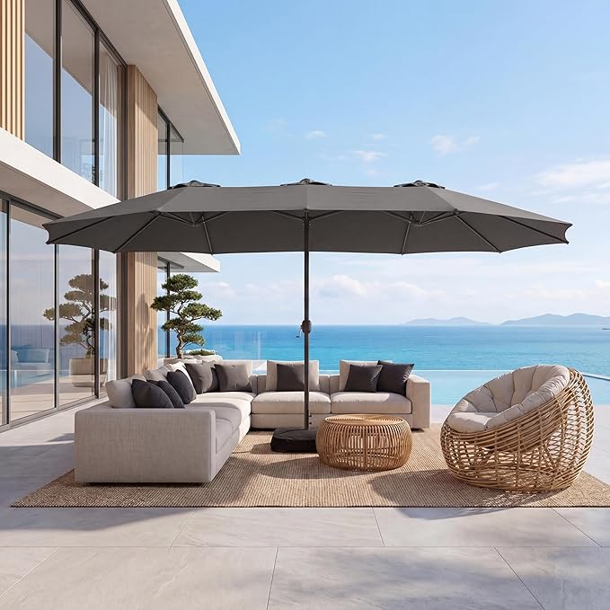 COSIEST 15FT Patio Umbrella with Base Included, Outdoor Double-Sided Table Umbrella,Large Rectangular Market Umbrella w Crank Handle for Garden, Pool, Deck Shade, Dark Gray