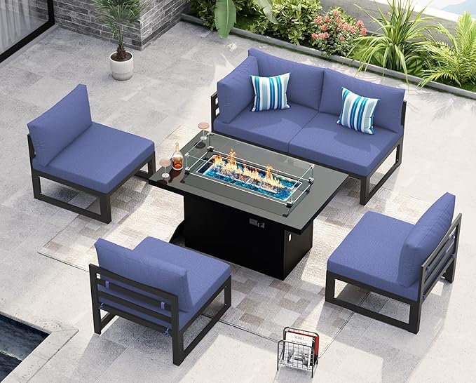NICESOUL 6 Piece Modular Grey Aluminum Outdoor Patio Furniture Set with Fire Pit Table Propane/Natural Gas, 29" Deep Wide Seated Conversation Sofa, 500 lbs Heavy Duty L Shaped Sectional, Denim Blue