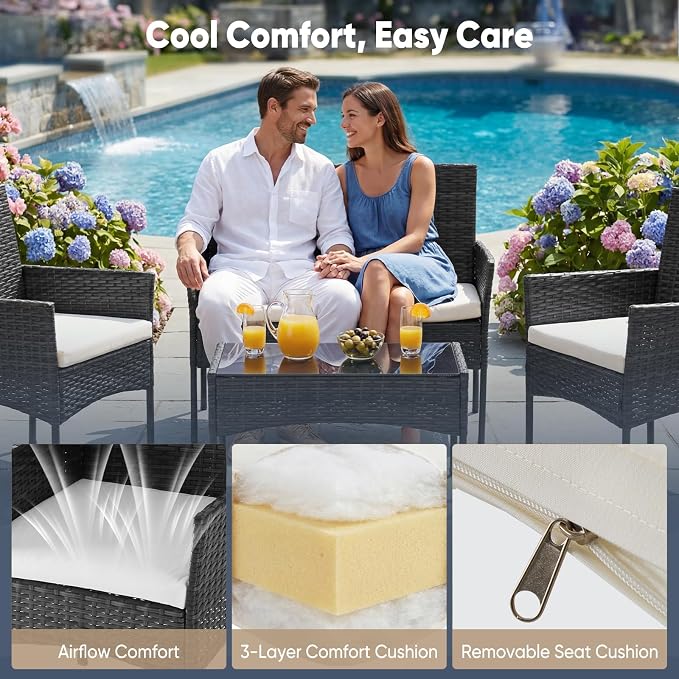 DUMOS 4 Piece Patio Furniture Set, All-Weather Outdoor Wicker Conversation Set with Removable Cushions & Tempered Glass Coffee Table, for Porch, Balcony, Lawn, Backyard, Black