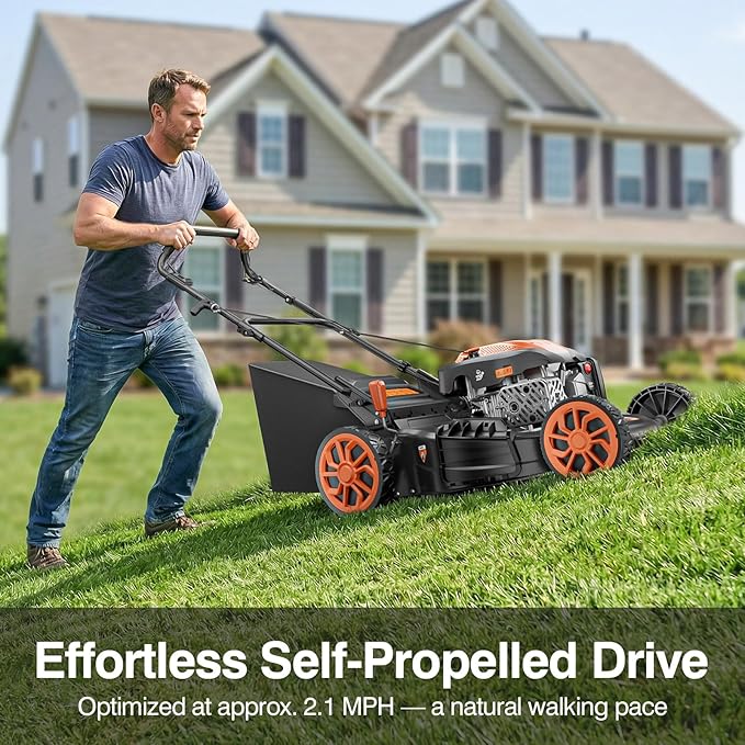 21” Self Propelled Lawn Mower Gas, 170CC 4-in-1 Mulch/Rear Bag/Side Discharge/Rear Discharge, Walk-Behind Gas Lawnmower with 7-Position Cutting Height, Foldable Gas Powered Lawn Mowers for Yard Garden