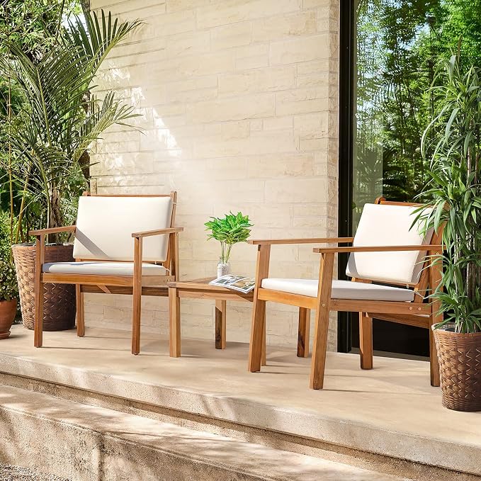 Greesum 3 Piece Bistro Patio Furniture Outdoor Chat Chair Set with Water Resistant Cushions and Coffee Table for Beach Backyard Garden, Beige