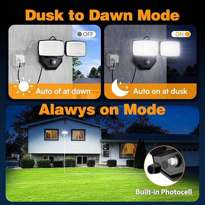 Onforu 32W 3200LM Dusk to Dawn Outdoor Lighting,6500K Dual Heads Plug in Flood Light,Black Outdoor Lighting,IP66 Waterproof LED Security Lights for Garage,Yard,Outside