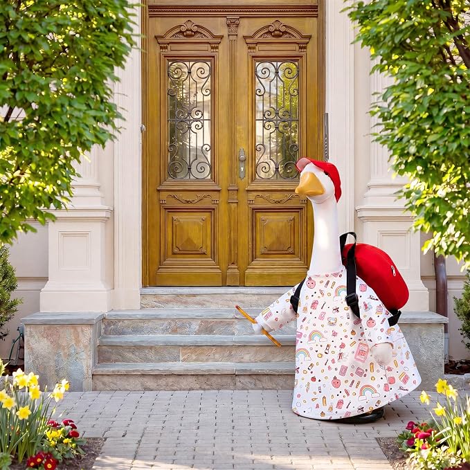 Back to School Porch Goose Outfit with Red Cap, Backpack and Pencil for 23" Gooses Statue, First Day of School Lawn Decor, Cute Rainbow Goose Costume for Patio Yard Garden Outdoor