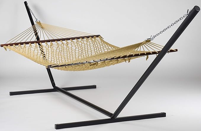 Rope Hammock and Tri Beam Stand (Tan Hammock and Black Stand)