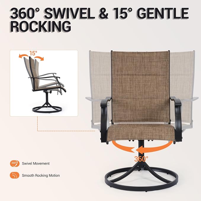 Patio Swivel Rocker Chairs Set of 2, Outdoor Dining Chairs High Back,15° Gentle Rocking Patio Chair with Padded Textilene, Metal Frame for Poolside Lawn Garden,Brown(2 PCS)