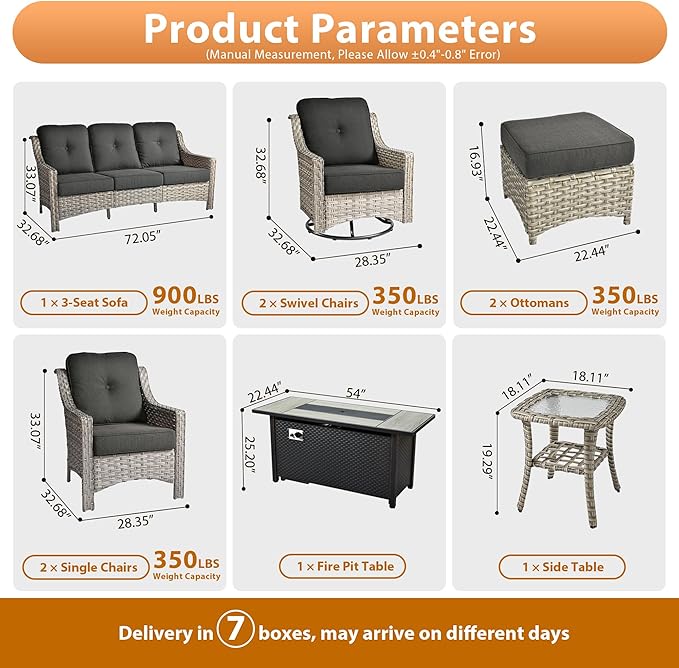 9 PCS Outdoor Patio Furniture Sets,Patio Conversation Sets Outside Rattan Soft Cushion Sofa with 2 Wicker Rocking Chairs & 54 in Fire Pit Table Fit Backyard Porch Garden Poolside Balcony,Black