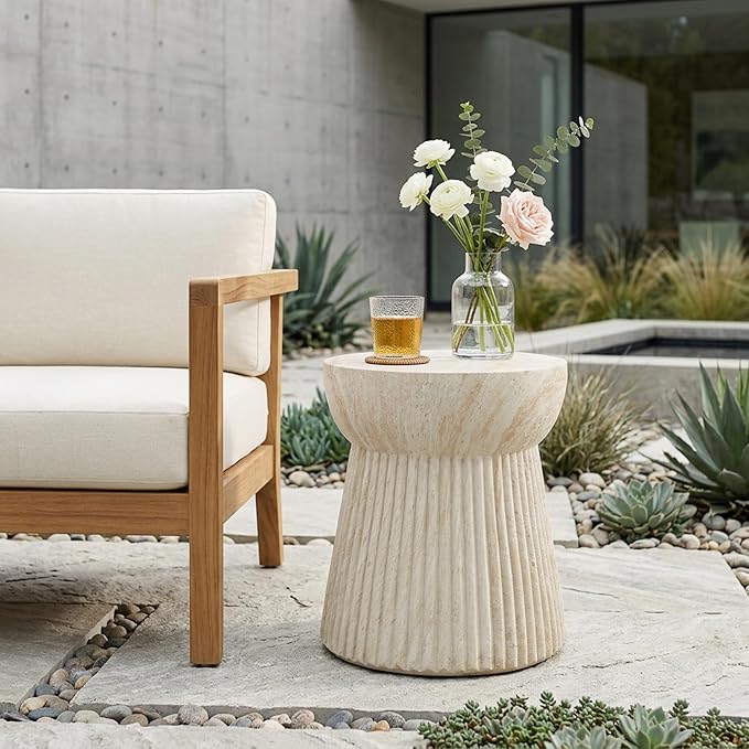 Outdoor Side Table Faux Marble End Table Faux Stone Side Tables Travertine Small Coffee Tables for Indoor Outdoor, Garden Stool Plant Stand for Porch, Backyard Patio, 15"*15"*16.75"-Beige