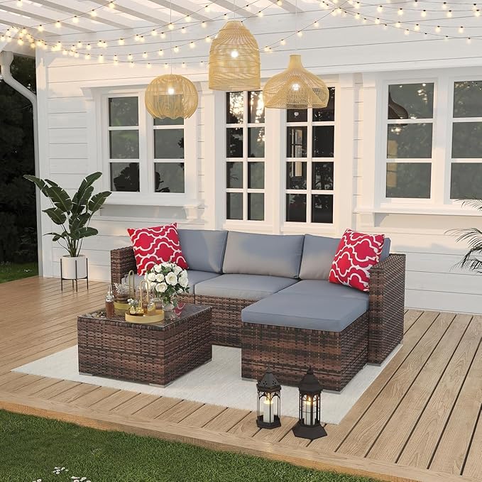 5 Piece Outdoor Patio Furniture Set, PE Rattan Patio Conversation Sets, All-Weather Wicker Outside Sofa Set with Thick Cushions, Bistro Sets w/Coffee Table for Pool, Backyard, Lawn(Brown+Light Grey)