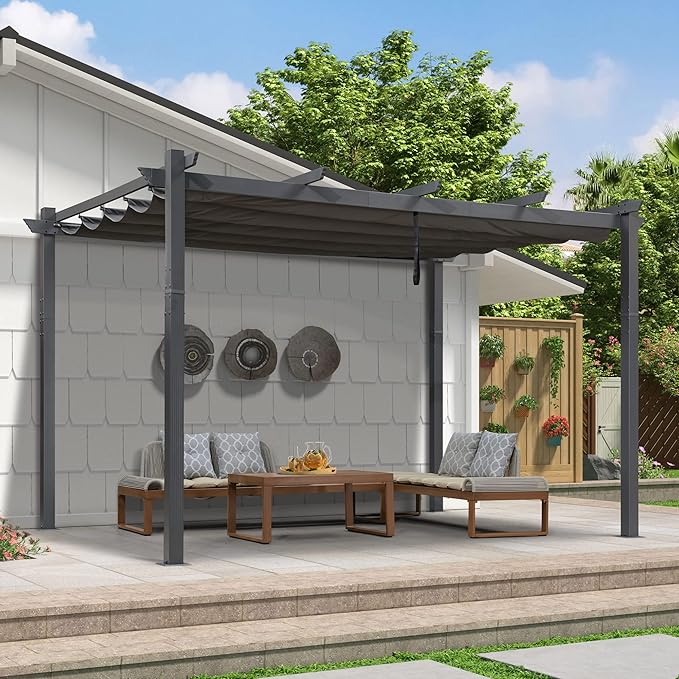 PURPLE LEAF 9.5' X 13' Outdoor Retractable Pergola Against The Wall with Shade Canopy Patio Aluminum Shelter for Porch Garden Pavilion Grill Gazebo Modern Backyard Metal Grape Trellis Pergola, Gray