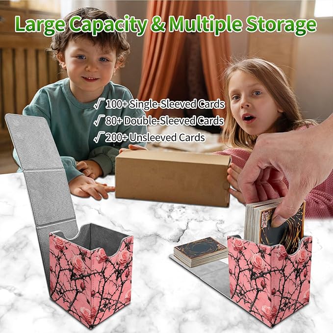 Pink Flower Tree Card Deck Box for MTG, Personalized Card Storage Case Fits 120+ Sleeved Cards, Premium Leather TCG Box with Strong Magnetic Closure for Magic, CCG, PTCG, Baseball Cards