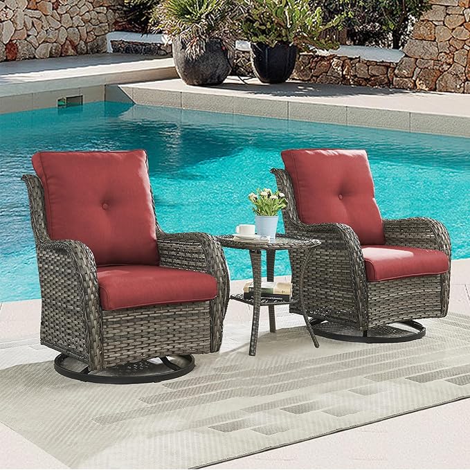 Rilyson Wicker Rocking Chair Swivel Chairs – 6 Piece Rocker Patio Furniture Set Rattan Rocking Bistro Sets with Glass Top Side Table for Outdoor Porch Deck Garden Backyard(Mixed Grey/Red)