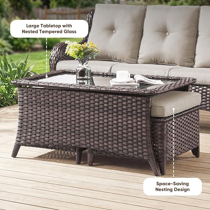 Belord 5 Piece Outdoor Wicker Furniture, Patio Swivel Rocking Chairs with Loveseat and 3 Seat Sofa,All Weather Patio Conversation Furniture Set, for Backyard Poolside Brown Wicker/Beige