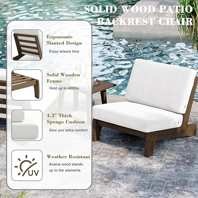 UIXE Wood Patio Furniture Sets, 4 Pieces All Weather Outdoor Sectional Futniture Patio Sofa Chair Backyard Conversation Set with Solid Wooden Coffee Table - Beige