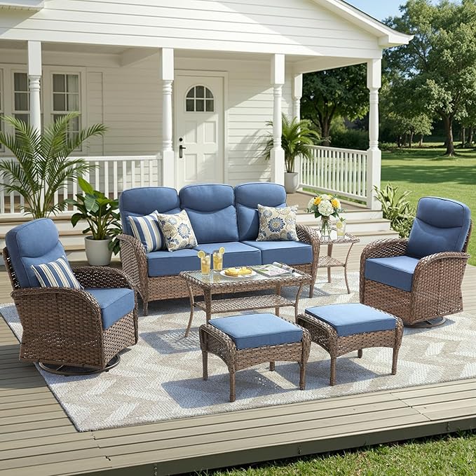 Luxury Outdoor Patio Furniture Set with 6-Inch Thick Cushions, 7 Pieces Wicker Outdoor Furniture with High Back Swivel Patio Chairs Set of 2, Outdoor Conversation Set for Deck Garden Porch, Blue