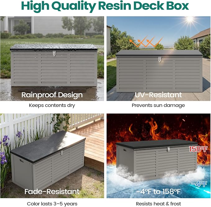 Resin Deck Box 130 Gallon, Lockable & Waterproof Outdoor Storage, UV-Resistant Patio Box for Cushions, Tools, and Outdoor Accessories (Gray)