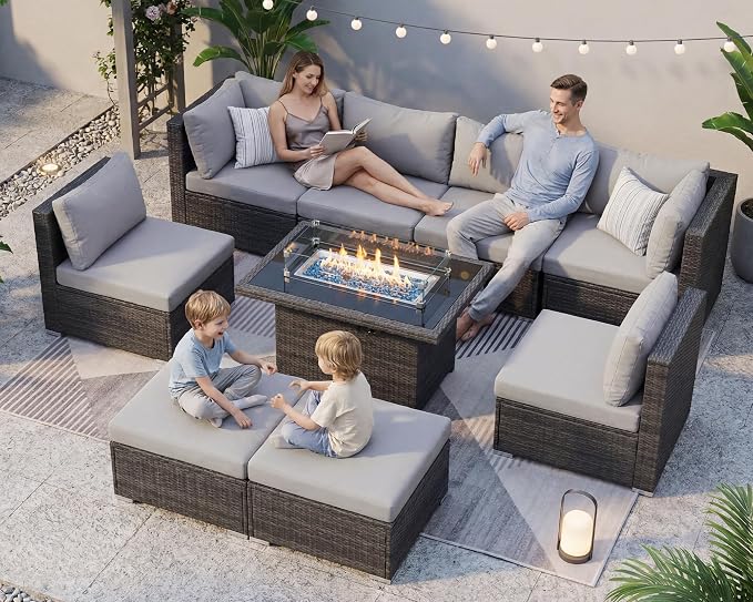 BULEXYARD 9 Pcs Highback Patio Furniture Set with Firepit, High-End Outdoor Sectional Couch with Ottoman 8-Seats, Cozy Comfy Wide Deep Deck Seating Group Conversation, Grey Rattan & Light Gray Cushion