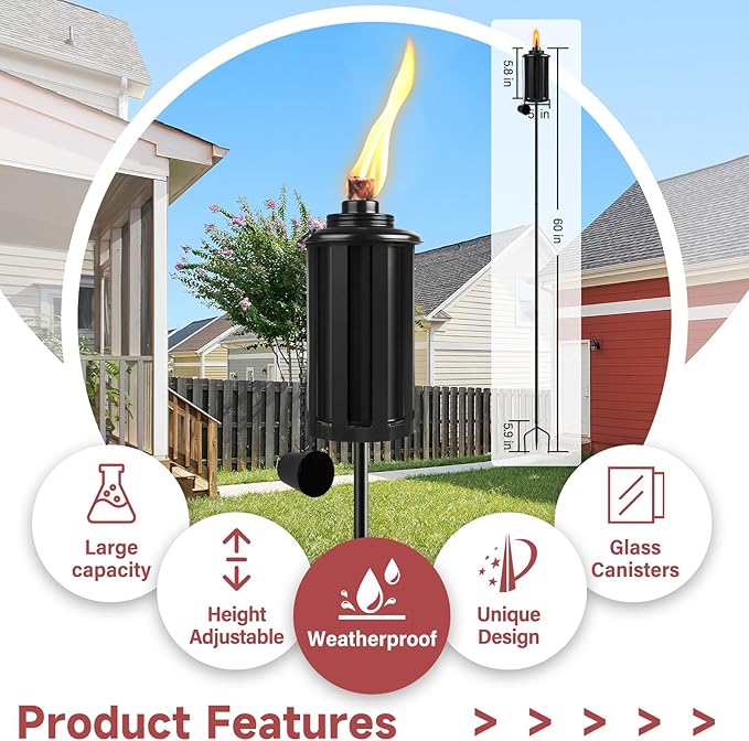 Citronella Torches Set of 4, 16 oz Garden Torches for Outside, 3-Prong Grounded Stake Outdoor Torches, 58 inch Outdoor Decorative Lantern, Black