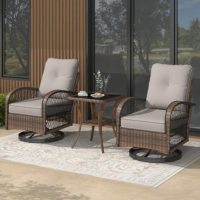 EROMMY 3 Pieces Patio Furniture Set, Outdoor Swivel Rocker Patio Chairs, Wicker Patio Bistro Set with Rocking Chair, Thickened Cushions and Glass Coffee Table for Backyard, Garden, Grey