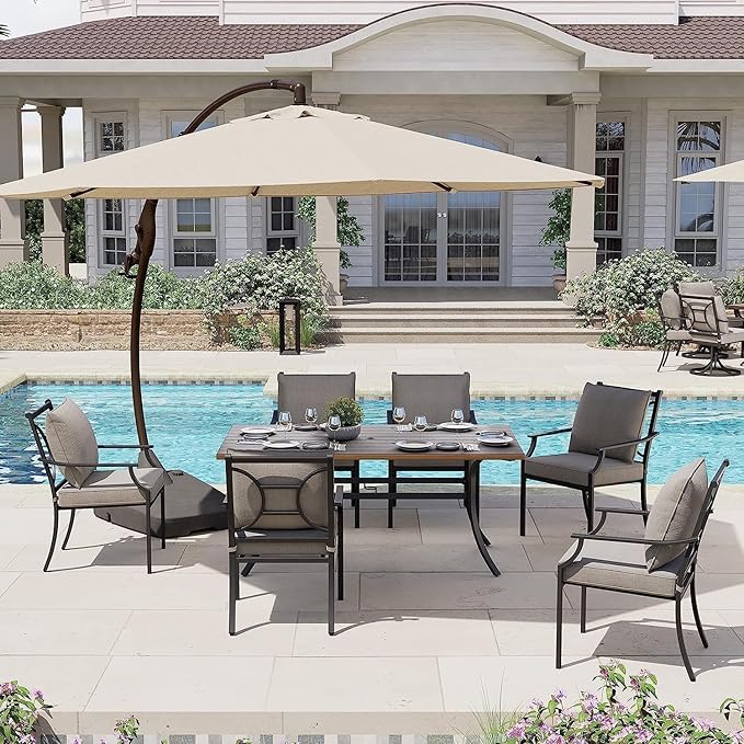 Grand patio 7-Piece Patio Dining Set for 6, E-Coated Outdoor Fixed Dining Set with Olefin Cushions,1 Rectangular Dining Table, Black with Umbrella Hole