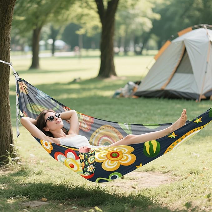 Cartoon Childish Paisley Pattern Pattern Olive 330lb Capacity Outdoor Hammocks with Tree Straps Cloth Hammock for Outside Camping Essentials Bases para hamacas para adultos