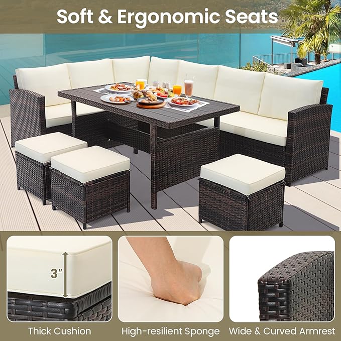 KOTEK 7 Pieces Patio Furniture Set, Wicker Outdoor Conversation Set with Dining Table & Ottomans, PE Rattan Outdoor Sectional Sofa Set for Backyard, Deck, Poolside (Off White)