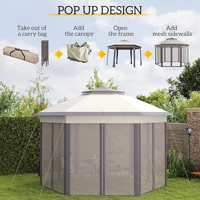 Outsunny 13' x 13' Pop Up Gazebo, Hexagonal Canopy Shelter with 6 Zippered Mesh Netting, Event Tent with Strong Steel Frame for Patio Backyard Garden Wedding Party, Coffee and Beige