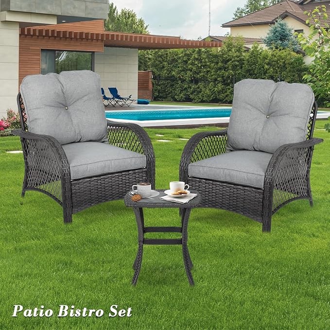 Athena Collection 3 Pieces Outdoor Patio Furniture Set, Rattan Outdoor Table and Chairs with Cushion, Wicker Conversation Bistro Set Balcony Furniture for Porch, Backyard, Garden, Grey
