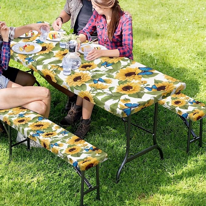 Sunflower Picnic Table Cover with Bench Covers Autumn Outdoor Camping Tablecloth Water and Oil Repellent Elastic Waterproof Picnic Table Cover 3 Piece Set for 6 Foot Tables