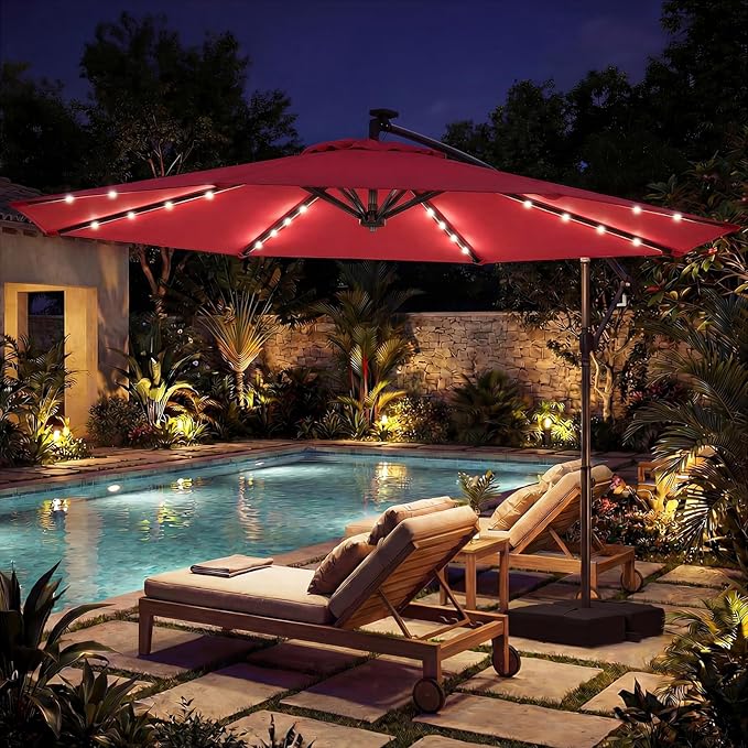 Tangkula 10ft Solar Patio Umbrella with Base Included, Offset Cantilever Outdoor Umbrella with 32 LED Lights, 360 Degree Rotation, Crank Handle for Pool Deck Garden Backyard (Wine)